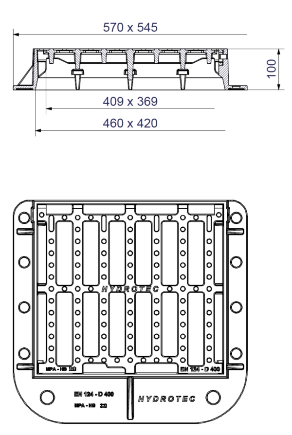 Víznyelőrács 460x420 DIN EN 124 szerint D-400, 3 oldalon kerettel, csuklópántos, lopásbiztos - Image 2